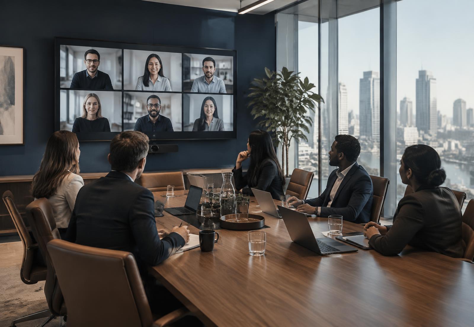 Executives in a boardroom joining an online meeting on a wall display